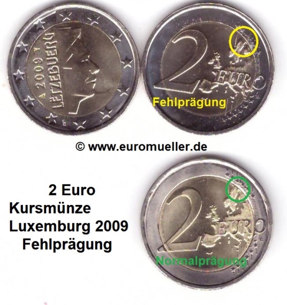 Luxemburg 2 Euro Kursmünze 2009 Fehlprägung